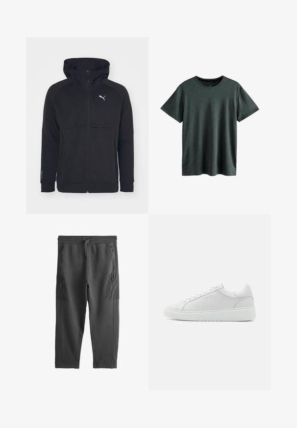 Sort zip-up hættejakke lavet af blødt stof, med hætte, sidelommer og et hvidt logo på venstre bryst. Glat tekstur med en moderne pasform.; Mørkeblå T-shirt lavet af blødt, struktureret stof. Har en klassisk rund hals og korte ærmer med et subtilt mønster. Ingen synlige logoer.; Mørkegrå joggingbukser med elastisk snøre i taljen og fire lynlåslommer, to foran og to store sidelommer til cargo.; Hvide lædersneakers med en glat tekstur, rund tå, lav profil og diskret branding på siden. Polstret krave og snørebånd.