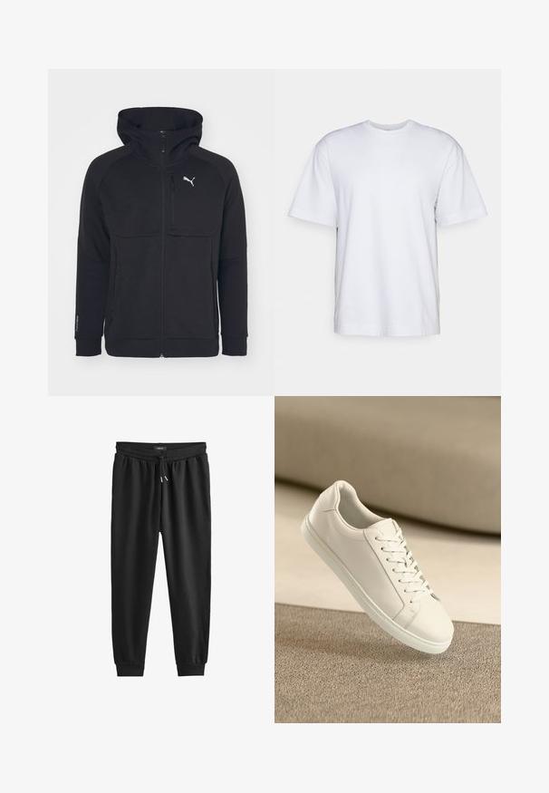 Sort zip-up hættejakke lavet af blødt stof, med hætte, sidelommer og et hvidt logo på venstre bryst. Glat tekstur med en moderne pasform.; Filippa K HEAVY CREW NECK TEE - T-shirts basic - white; Sorte sweatpants lavet af blødt stof, med en elastisk talje med snøre, tætsiddende ben og ribbede manchetter ved anklerne.; Hvide lædersneakers med hvide snørebånd, præsenteret på en beige tekstureret overflade og med en blødt uskarp baggrund.