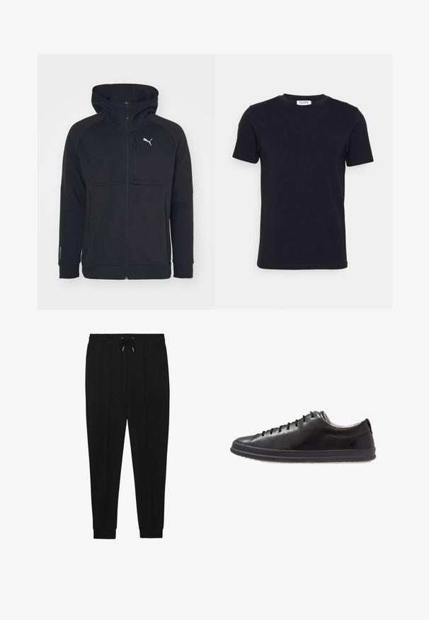Zwarte rits hoodie, gemaakt van een zachte stof, met een capuchon, zijzakken en een wit logo op de linkerborst. Soepele textuur met een moderne pasvorm.; Zwart T-shirt met korte mouwen en ronde hals, met een klein wit label aan de binnenkant van de halslijn.; Zwarte sportbroek met een trekkoord in de taille, taps toelopende benen en ribbels aan de manchetten. Gemaakt van een zachte stof met een gladde textuur.; Zwarte leren sneaker met een ronde neus, minimale veters, een gladde textuur en een contrasterende witte rubberen zool. Subtiele merkdetails zichtbaar.