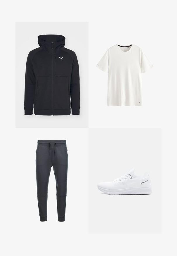 Zwarte rits hoodie, gemaakt van een zachte stof, met een capuchon, zijzakken en een wit logo op de linkerborst. Soepele textuur met een moderne pasvorm.; Effen wit T-shirt met korte mouwen en ronde hals, met een klein logo dicht bij de zoom en de tekst "ACTIVE" op de binnenkant van de kraag.; Donkergrijze sweatpants van zacht materiaal, met een tailleband met trekkoord, twee zijzakken met rits en paneeldetails op de benen.; Witte lage sneaker van gebreid materiaal met een gestructureerde zool, veters aan de voorkant en het "JACK & JONES" logo aan de zijkant van de hielkraag.