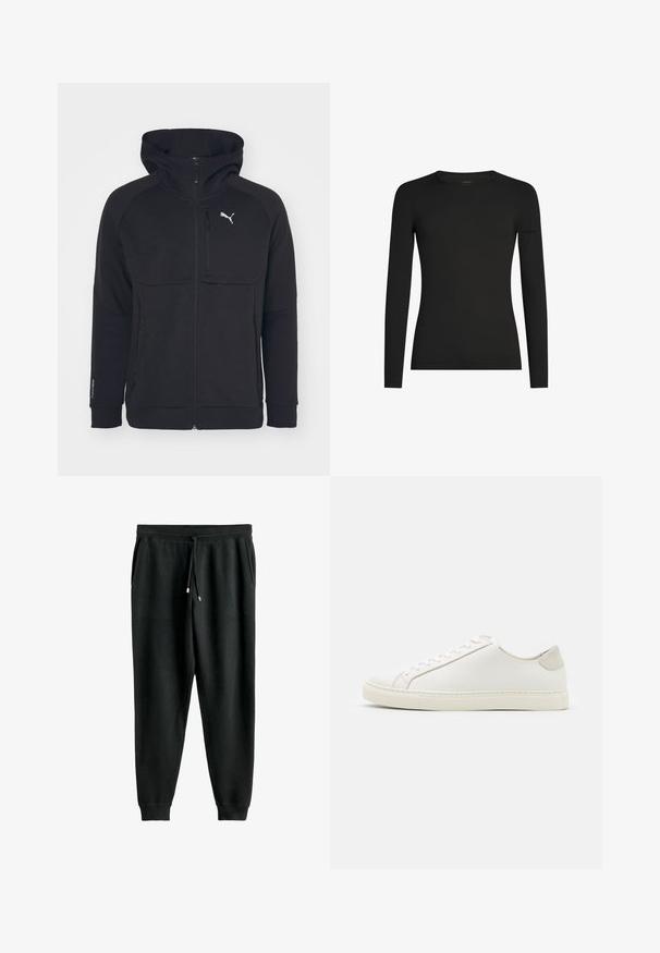 Zwarte rits hoodie, gemaakt van een zachte stof, met een capuchon, zijzakken en een wit logo op de linkerborst. Soepele textuur met een moderne pasvorm.; Zwart, aansluitend shirt met lange mouwen en ronde hals, met subtiel Icebreaker-logo op de linker mouw, weergegeven op een witte achtergrond.; Zwarte sweats met een trekkoord in de taille, zijzakken, taps toelopende pijpen en ribgebreide boorden. Gemaakt van zacht materiaal met een gladde textuur.; Witte leren sneaker met een gladde oppervlakte, ronde neus en minimalistisch ontwerp. Heeft beige accenten op de hiel en een rubberen zool.