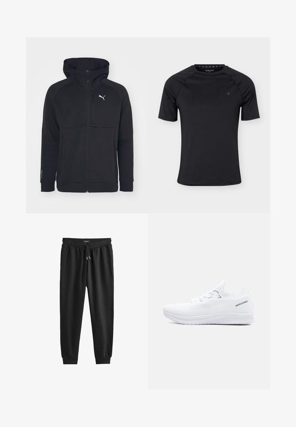Schwarze Zip-Hoodie aus weichem Material, mit Kapuze, Seitentaschen und einem weißen Logo auf der linken Brust. Glatte Textur mit modernem Schnitt.; Schwarzes kurzärmeliges Sport-T-Shirt mit Rundhalsausschnitt und kleinem Logo auf der linken Brust, dargestellt auf einfachem hellem Hintergrund.; Schwarze Jogginghose aus weichem Stoff, mit einem elastischen Bund und Kordelzug, schmal zulaufenden Beinen und gerippten Bündchen an den Knöcheln.; Weißer Strick-Sneaker mit niedrigem Schaft, strukturierter Sohle, Schnürvorderseite und "JACK & JONES"-Logo an der Ferse seitlich.