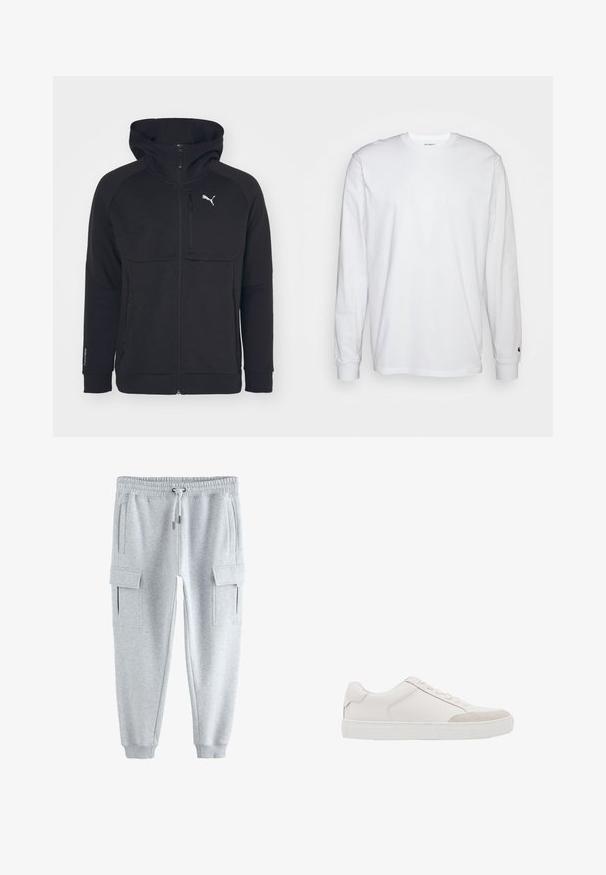 Sort zip-up hættejakke lavet af blødt stof, med hætte, sidelommer og et hvidt logo på venstre bryst. Glat tekstur med en moderne pasform.; Hvid langærmet T-shirt lavet af bomuld. Rund halsudskæring med ribbede manchetter og et lille logo på venstre ærme. Glat tekstur.; Lysegrå joggebukser med elastisk talje, snøre, sidelommer og cargolommer på hvert lår.; Hvid lavtop sneaker med snørebånd foran og gummisål, med diskrete syninger og ruskind detalje på tåområdet.