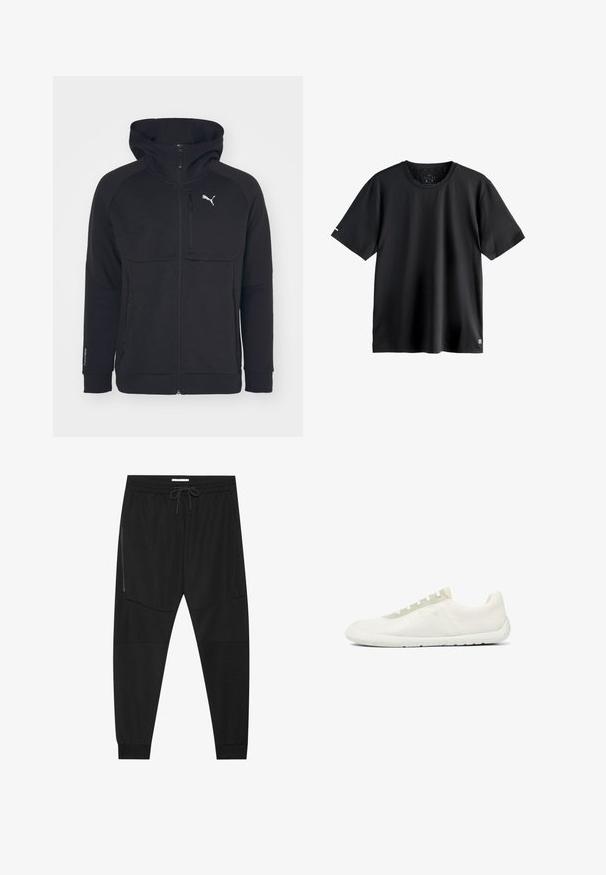 Sort zip-up hættejakke lavet af blødt stof, med hætte, sidelommer og et hvidt logo på venstre bryst. Glat tekstur med en moderne pasform.; Enkel sort kortærmet sportst-shirt med rund halsudskæring, medium størrelse mærkat indeni halsudskæringen, og lille logo nederst til venstre.; Sorte træningsbukser lavet af tekstureret stof, med justerbar talje, lynlåslomme på siden og tapered cuffs.; Minimalistisk hvid lavtop-sneaker med tekstureret mesh-stof, hvid sål og lysebeige snørehuller.