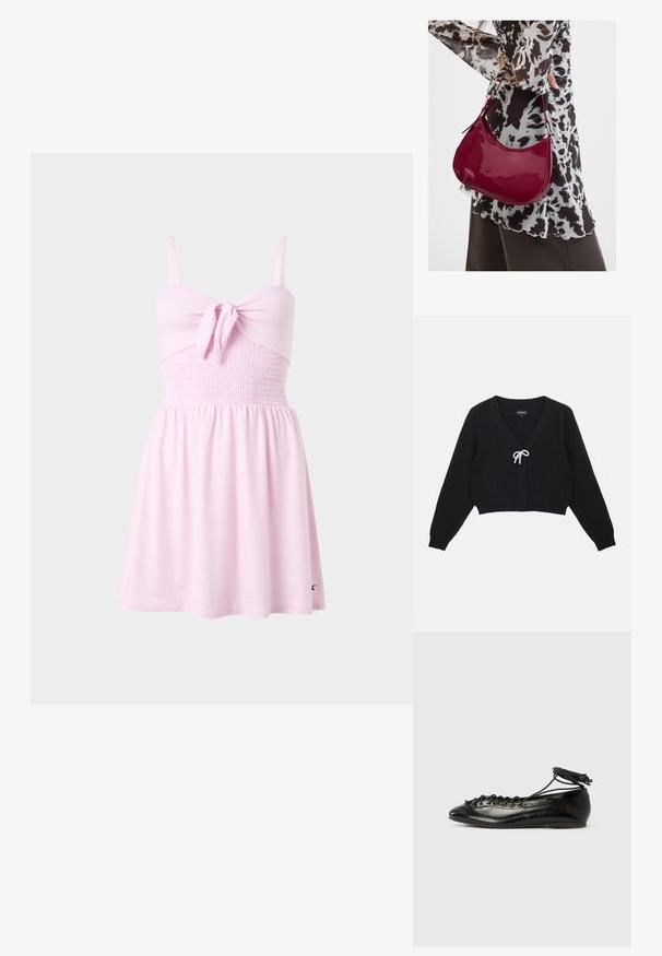 Sort cropped cardigan med V-hals, tekstureret stof, lange ærmer og en sløjfe lukning pyntet med perler fortil.; Lyserød ærmeløs kjole med tynde stropper, en knudedetalje foran, smocket midtersektion og et let udvidet skørt.; Sorte balletflade sko i laklæder med rundet tå, snørelukning og flad sål. Glat tekstur med få detaljer.; Kvinde iført en sort- og hvidmønstret bluse, der holder en blank rød skuldertaske mod en ensfarvet baggrund.