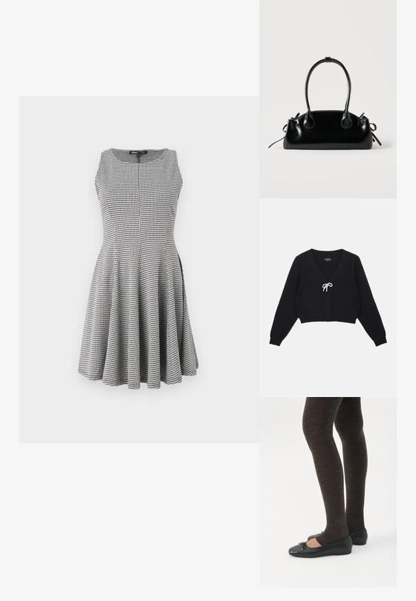 Sort cropped cardigan med V-hals, tekstureret stof, lange ærmer og en sløjfe lukning pyntet med perler fortil.; Sort-hvid ternet ærmeløs kjole med tætsiddende liv og flagrende nederdel, glat tekstur og subtile sømdetaljer.; Ben iført mørke ribbede leggings kombineret med sorte balletsko med små sløjfedetaljer på hvid baggrund.; Lille sort blank håndtaske med to lange håndtag og snøre-detaljer i siden på en ensfarvet lys baggrund.