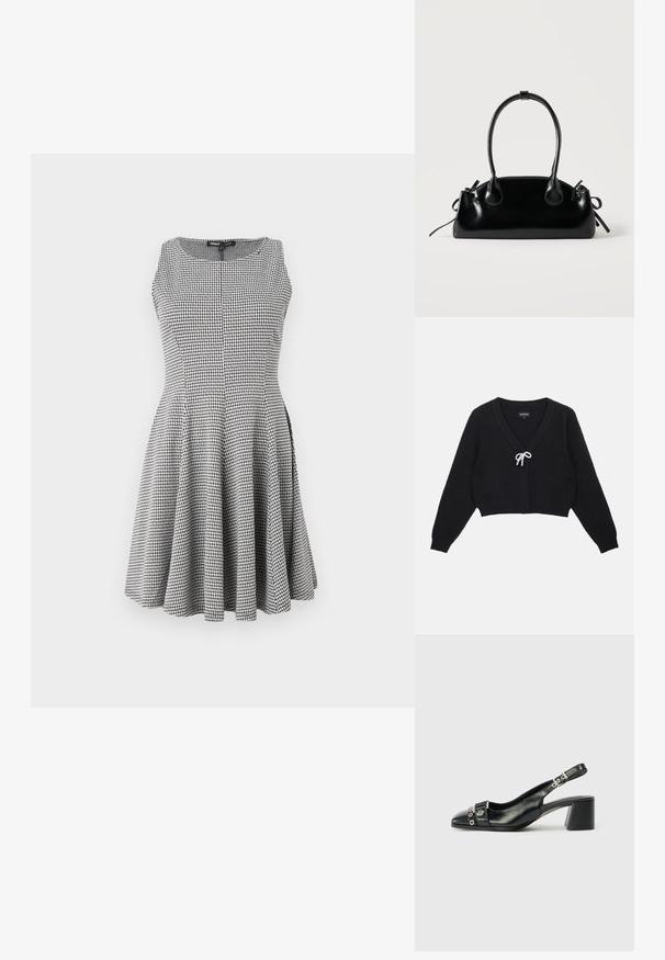 Sort cropped cardigan med V-hals, tekstureret stof, lange ærmer og en sløjfe lukning pyntet med perler fortil.; Sort-hvid ternet ærmeløs kjole med tætsiddende liv og flagrende nederdel, glat tekstur og subtile sømdetaljer.; Sorte læder slingback hæl med spids tå, tekstureret rem med cirkulære metalliske accenter, og en stablet blokhæl.; Lille sort blank håndtaske med to lange håndtag og snøre-detaljer i siden på en ensfarvet lys baggrund.
