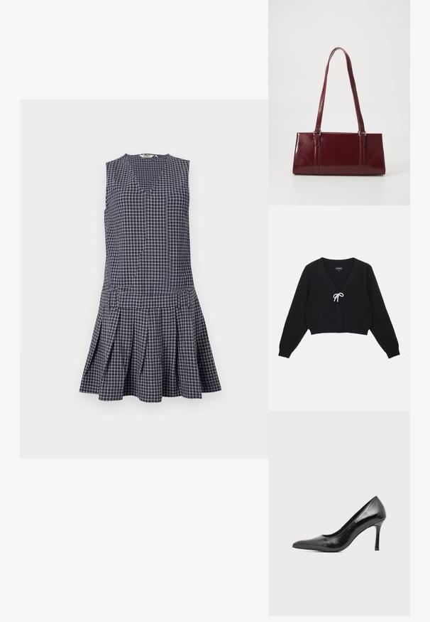 Sort cropped cardigan med V-hals, tekstureret stof, lange ærmer og en sløjfe lukning pyntet med perler fortil.; Marineblå ternet kjole med V-hals, ærmeløst design, plisseret nederdel og struktureret talje. Fremstillet af letvægtsstof.; Sort laklæder damestilet med spids tå og slank hæl på en ensartet lys baggrund.; Bordeaux håndtaske lavet af glansfuldt materiale, rektangulær form, med to skulderremme og subtile buede detaljer på forsiden.