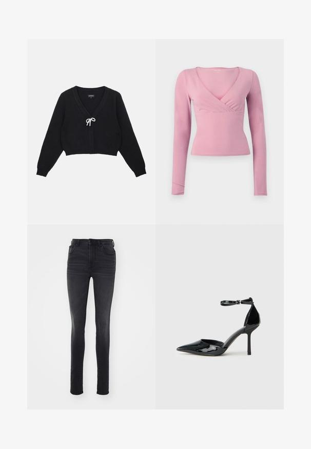 Cárdigan negro corto con escote en V, tela texturizada, mangas largas y un cierre en forma de lazo con acentos de perlas en el frente.; Top ajustado de manga larga en tono rosa suave, con estilo cruzado, escote en V y dobladillo ligeramente recortado sobre un fondo blanco.; Vaqueros ajustados negros fabricados en denim, con una cintura alta, diseño de cinco bolsillos, desvanecimiento sutil y una silueta recta.; Zapato de charol negro de tacón alto con punta afilada, correa en el tobillo y tacón de aguja delgado; textura suave y brillante con un diseño minimalista.