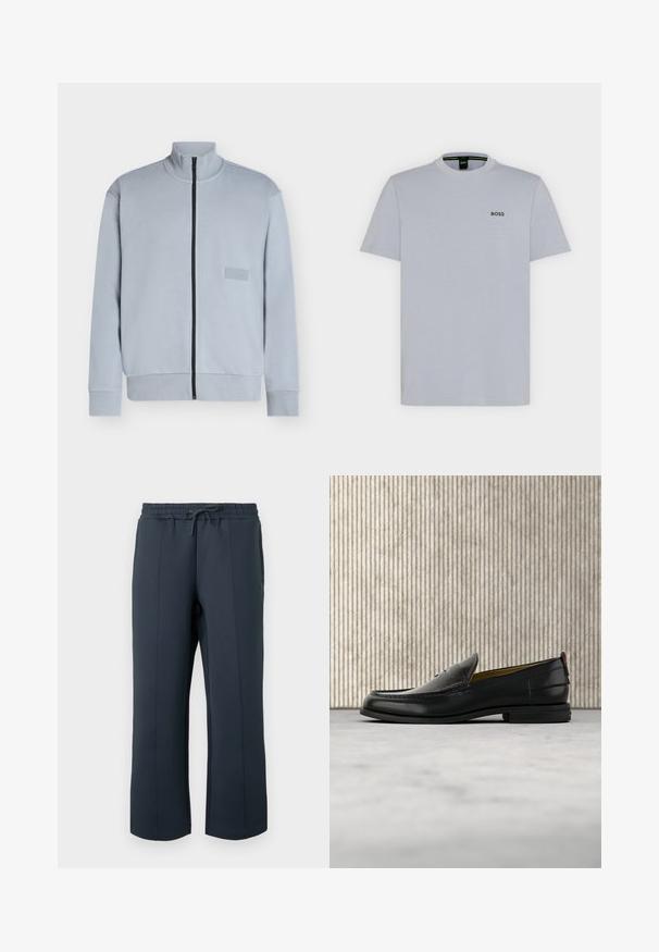 Veste zippée gris clair avec col montant, manches longues et fermeture éclair noire à l'avant, avec un petit patch logo "BOSS" sur la poitrine.; T-shirt gris clair à manches courtes avec col rond et petit logo noir « BOSS » sur la poitrine gauche.; Pantalon de sport bleu marine en matière douce et extensible. Il possède une taille à cordon de serrage, des coutures latérales et une coupe droite.; Mocassin pour homme en cuir noir avec un dessus embossé effet croco et un petit talon, présenté de profil sur un fond neutre.