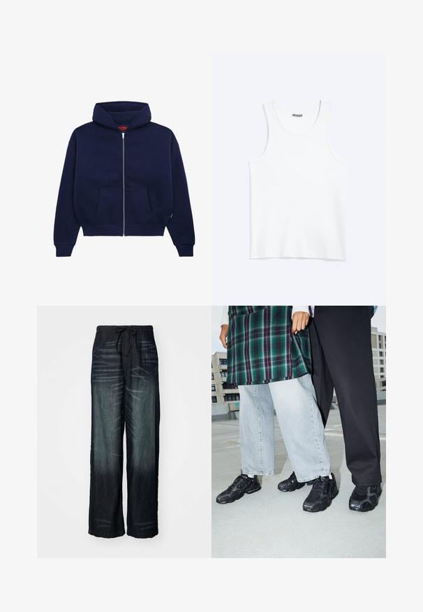 Marineblauwe ritsshirt hoodie van een zachte katoenmix. Voorzien van een voorste kangaroo-pocket, ribgebreide manchetten en een ruime capuchon.; Wit mouwloos hemdje met ronde hals en Weekday-merklabel aan de binnenkant van de achterkraag, plat weergegeven op een lichte achtergrond.; Wijdvallende broek van donker denim met een geleidelijke vervaging. Heeft een elastische tailleband met een trekkoord. Gladde textuur met subtiele slijtagepatronen.; Zwarte sportieve schoenen met mesh- en rubberaccenten. Draagt een lichtgrijze wijde spijkerbroek en een groen geruit shirt. Effen achtergrond.