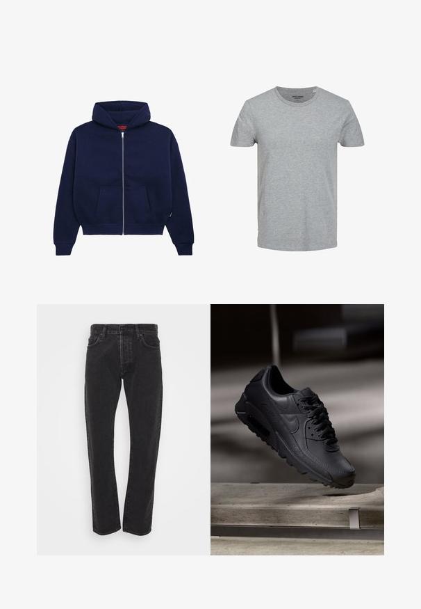 Sweat à capuche zippé bleu marine en mélange de coton doux. Caractéristiques : poche kangourou à l'avant, poignets côtelés et une capuche spacieuse.; T-shirt gris à manches courtes en coton doux. Doté d'un col ras du cou classique et d'une coupe régulière. Design simple sans motifs ni accents.; Jean en denim noir pour homme, coupe droite avec bouton et fermeture éclair à l'avant, cinq poches et passants de ceinture sur fond blanc.; Baskets noirs Nike Air Max avec un dessus en cuir texturé, semelle en caoutchouc et un système de laçage proéminent, mettant en avant un design moderne et épuré.