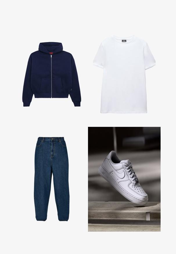 Sweat à capuche zippé bleu marine en mélange de coton doux. Caractéristiques : poche kangourou à l'avant, poignets côtelés et une capuche spacieuse.; T-shirt blanc uni à manches courtes, col rond, avec une étiquette noire Pull&Bear à l'intérieur du col, présenté sur fond blanc.; Jean en denim bleu foncé avec une coupe décontractée, taille haute et poignets élastiques. Il dispose d'une fermeture à bouton à l'avant et de cinq poches.; La basket Nike Air Force 1 en cuir blanc présente un embout perforé, des lacets plats et une semelle en caoutchouc texturée avec le logo « AIR » sur le côté.