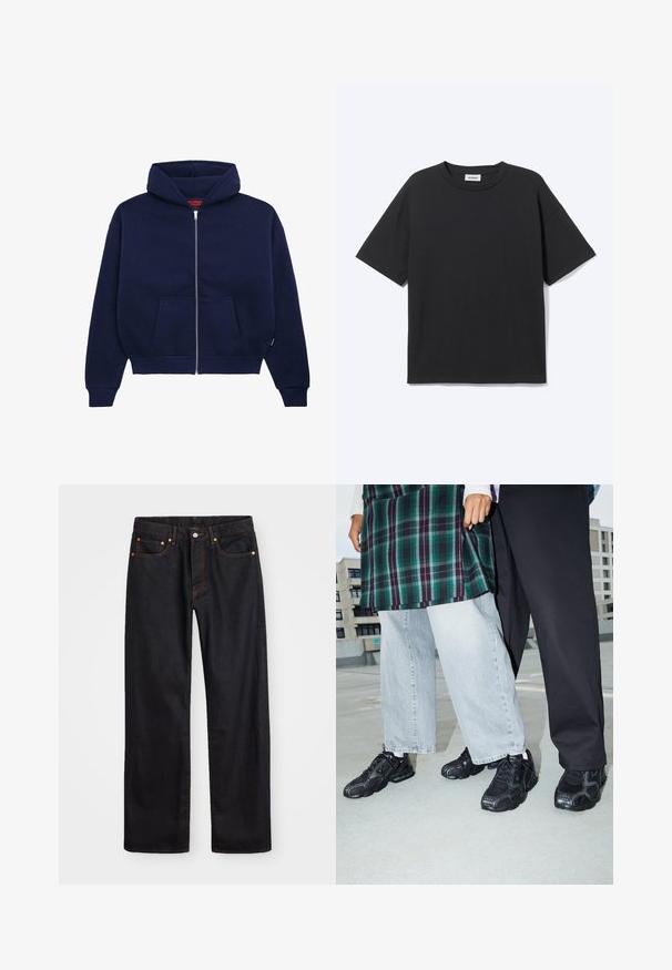 Marineblå zip-up hoodie lavet af blød bomuldsblanding. Har en front kangaroo lomme, ribbede manchetter og en rummelig hætte.; Sort T-shirt med korte ærmer og rund hals med afslappet pasform, forfra, ensfarvet design og synligt Weekday-mærke inde i kraven.; Mænds lige ben sorte denim jeans med fem lommer og orange syninger, knap- og lynlåslukning foran på taljen.; Sorte atletik sko med mesh- og gummidetaljer. Båret med lysegrå vide jeans og en ternet grøn bluse. Flad overflade i baggrunden.
