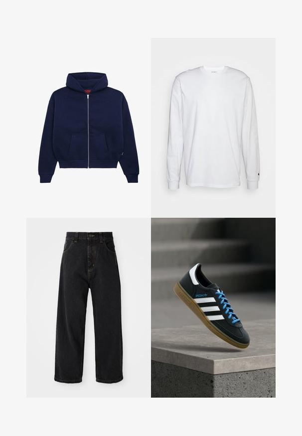 Marineblå zip-up hoodie lavet af blød bomuldsblanding. Har en front kangaroo lomme, ribbede manchetter og en rummelig hætte.; Hvid langærmet T-shirt lavet af bomuld. Rund halsudskæring med ribbede manchetter og et lille logo på venstre ærme. Glat tekstur.; Sorte denim jeans med vide ben og høj talje, frontknap, lynlås samt gule syninger på lommer og sømme.; Sort Adidas sneaker med hvide striber, blå snørebånd og gummisål, der svæver over gråt betontrin i blødt lys.