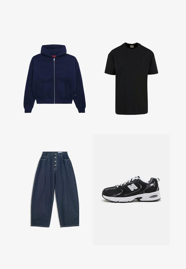 Marineblauwe ritsshirt hoodie van een zachte katoenmix. Voorzien van een voorste kangaroo-pocket, ribgebreide manchetten en een ruime capuchon.; Urban Classics SHORTSLEEVE - T-shirt basic - black; Donkerblauwe denim brede broek met een hoge taille, vijfknopen sluiting en vijf zakken. Heeft stiksels op de naden.; Zwarte en grijze sport schoenen met een bovenwerk van mesh en suede, voorzien van een witte tussenzool, veters en een gedurfde "N"-logo aan de zijkant.