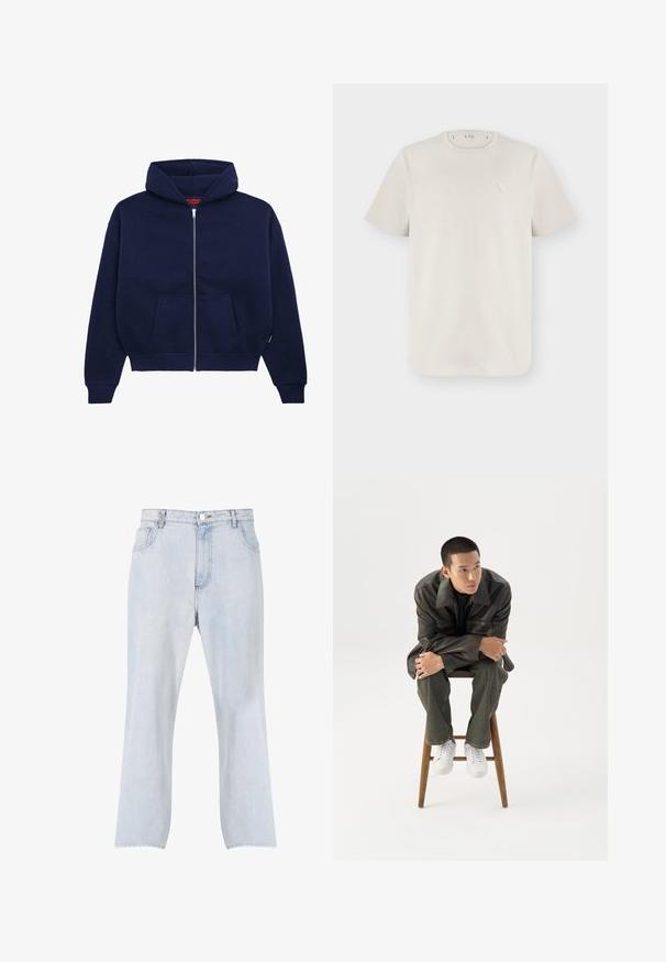 Sweat à capuche zippé bleu marine en mélange de coton doux. Caractéristiques : poche kangourou à l'avant, poignets côtelés et une capuche spacieuse.; T-shirt beige clair à manches courtes et col rond avec un petit logo triangulaire sur le côté gauche de la poitrine.; Jean en denim bleu clair avec jambes droites, fermeture frontale par bouton et zip, et design à cinq poches.; Jeune homme en veste en cuir foncée et jean, assis sur un tabouret en bois, penché en avant, les bras croisés, regardant sur le côté sur fond blanc.