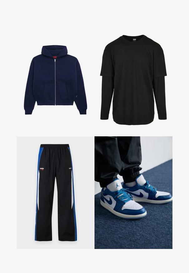 Marineblå zip-up hoodie lavet af blød bomuldsblanding. Har en front kangaroo lomme, ribbede manchetter og en rummelig hætte.; Urban Classics OVERSIZED SHAPED DOUBLE LAYER LS TEE - Langærmet T-shirt - black/black; Sorte træningsbukser med blå og hvide sidelommer, elastisk talje og små hvide og røde "moto" og "bare" logoer på forsiden.; Nike Air Jordan sneakers har en hvid læderbase med blå syntetiske detaljer, en perforeret tåboks og blå snørebånd.