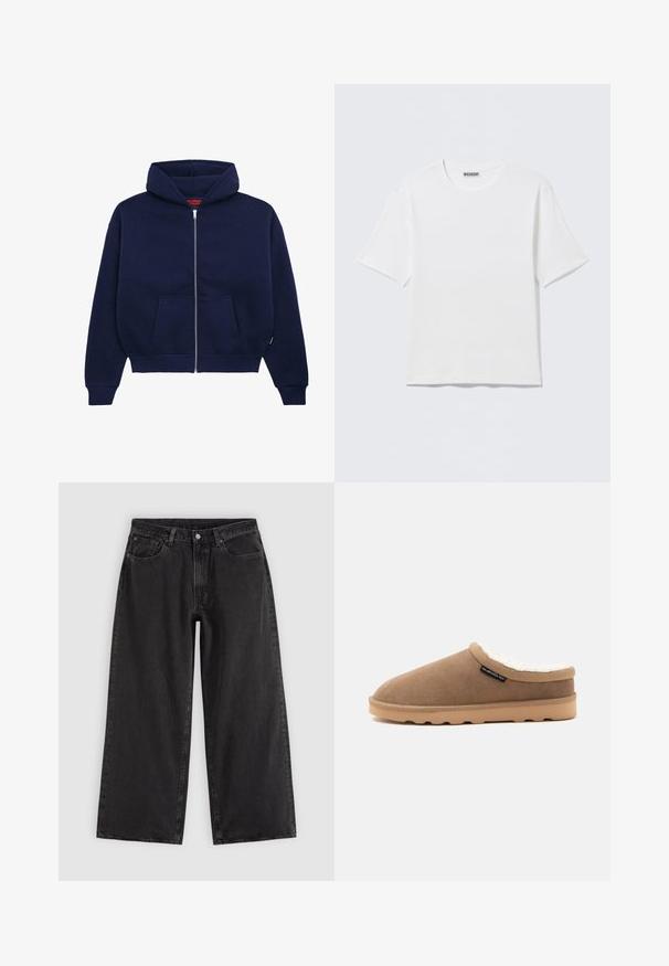 Marineblå zip-up hoodie lavet af blød bomuldsblanding. Har en front kangaroo lomme, ribbede manchetter og en rummelig hætte.; Hvid, kortærmet t-shirt med rund hals og et lille "WEEKDAY"-mærke på indersiden af bagkraven, vist på en flad overflade.; Sorte denim jeans med vide ben, forlommer, bæltestropper og knaplukning, vist på en ensfarvet lys baggrund.; Brun slip-on hjemmesko med beige sål og hvid blød foring, sidetag med Quiksilver-logo, vist i profil på ensfarvet baggrund.