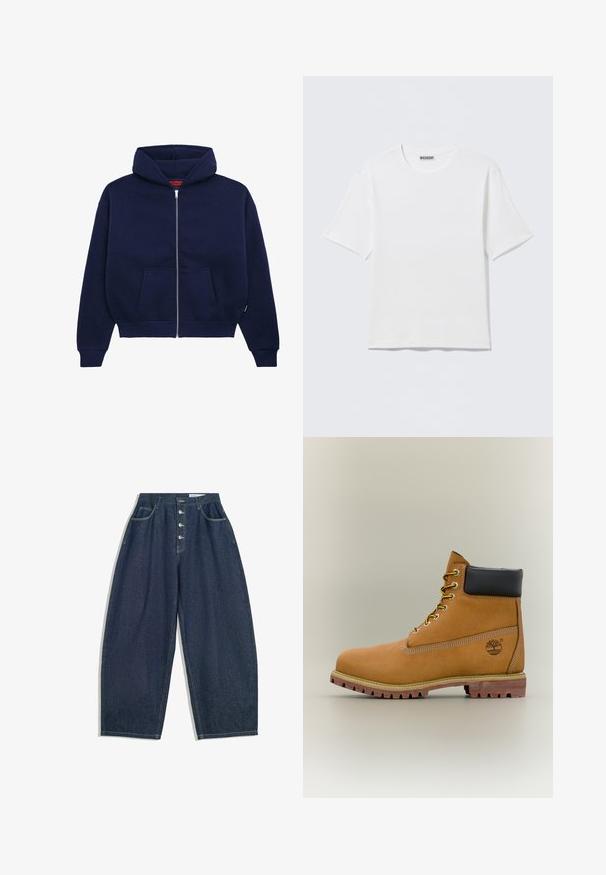 Marineblå zip-up hoodie lavet af blød bomuldsblanding. Har en front kangaroo lomme, ribbede manchetter og en rummelig hætte.; Hvid, kortærmet t-shirt med rund hals og et lille "WEEKDAY"-mærke på indersiden af bagkraven, vist på en flad overflade.; Mørkeblå denim bukser med brede ben og høj talje, fem knaplukninger og fem lommer. Har stikninger som accent på sømmene.; Brun læderankelstøvle med sort krave, gule snørebånd og tanfarvet sål. Har logo og hvide syninger som detalje. Robust ydersål med greb.