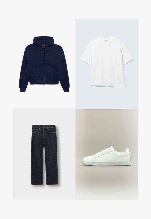 Marineblå zip-up hoodie lavet af blød bomuldsblanding. Har en front kangaroo lomme, ribbede manchetter og en rummelig hætte.; Hvid oversized t-shirt med korte ærmer og rund halsudskæring med sænkede skuldre, fladt lagt på lys grå baggrund.; Mørkeblå lige ben jeans i denim stof, med bæltestropper, forlommer og kontrastsyte. Minimalistisk design uden udsmykninger.; Lavtop hvid sneaker med snørelukning foran og tekstureret gummisål mod en ensartet neutral baggrund.