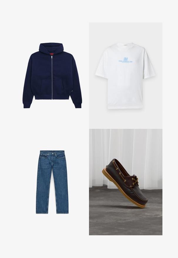 Marineblå zip-up hoodie lavet af blød bomuldsblanding. Har en front kangaroo lomme, ribbede manchetter og en rummelig hætte.; Hvid bomulds-T-shirt med afslappet pasform, med en blå "HOLZWEILER WINTERSPORT" logo trykt på fronten. Korte ærmer, rund hals.; Blå denimjeans med et lige ben, fire lommer og metalhardwaredetaljer. Stoffet har en let tekstur og ensartet vask.; Mørkebrun læder bådsko med lysebrun sål og snøre detaljer, vinklet over en grå gulv med hvide gardiner i baggrunden.