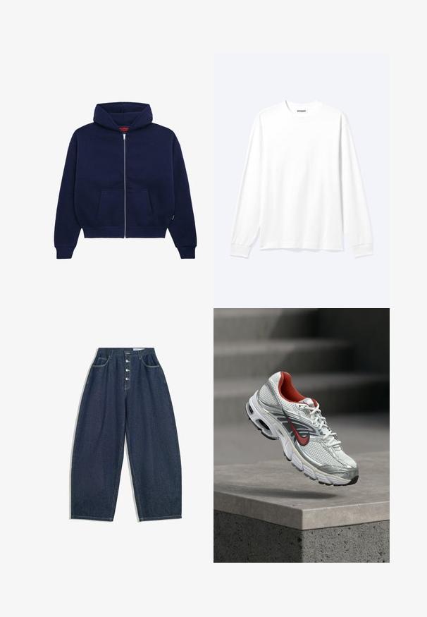 Marineblå zip-up hoodie lavet af blød bomuldsblanding. Har en front kangaroo lomme, ribbede manchetter og en rummelig hætte.; Langærmet plain hvid skjorte med rund hals og ribkantede manchetter, vist på en neutral lys baggrund.; Mørkeblå denim bukser med brede ben og høj talje, fem knaplukninger og fem lommer. Har stikninger som accent på sømmene.; Hvid og sølv Nike løbesko med røde accenter, der svæver over en betonkant og viser dens side- og såldetaljer.