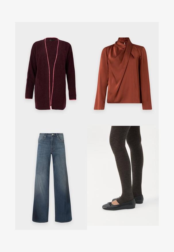 Cárdigan de punto burdeos con mangas largas y abertura frontal, que presenta un ribete rosa a lo largo de los bordes y un patrón texturizado.; Blusa de satén bronce con diseño drapeado, cuello alto, mangas largas y un dobladillo ligeramente asimétrico que se inclina hacia el lado izquierdo.; Vaqueros de pierna ancha en azul oscuro, con un acabado desgastado, cierre de botón y estilo de cinco bolsillos. Textura suave, detalles de costura mínimos.; Piernas con leggings oscuros acanalados combinados con bailarinas negras que presentan pequeños detalles de lazo sobre un fondo blanco.