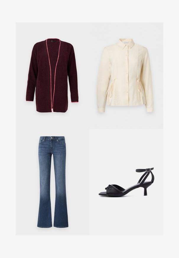 Burgundy neulecardigan pitkähihaisilla ja avonaisella etuosalla, jossa on vaaleanpunaiset reunukset ja teksturoitu kuvio.; Kermanvärinen pitkähihainen pusero, jossa napit edessä, kaulus ja säädettävät sivunauhat istuvuuden tiukentamiseksi vyötäröllä.; Farkut, joissa on levenevät lahkeet, valmistettu denimistä, keskipesua, viisi taskua, vetoketju ja nappisulku. Tasainen pinta.; Musta avoimilla varpailla varustettu sandaali, jossa nilkkaremmi, pieni rusettikoriste varvasremmissä ja matala kapeneva korko yksinkertaisella taustalla.