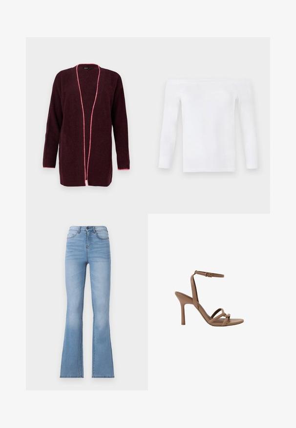 Burgundy neulecardigan pitkähihaisilla ja avonaisella etuosalla, jossa on vaaleanpunaiset reunukset ja teksturoitu kuvio.; Valkoinen olkapäältä avattava pitkähihaisen paita, joka on valmistettu pehmeästä kankaasta. Paita on istuva, sillä on sileä rakenne ja minimaalinen sauman määrä.; Vaaleansiniset korkeavyötäröiset leveälahkeiset farkut, joissa on etutaskut, paperilappu ja ompeleet saumoissa.; Ruskea korkeakorkoinen sandaali, jossa ohut nilkkaremmi ja solki, avoin varvasosa sekä kaksi ohutta ristikkäistä remmiä jalan etuosan päällä.