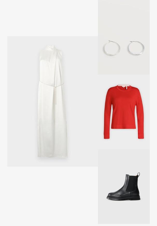 Pull rouge à manches longues et col rond, avec poignets et ourlet côtelés, présenté sur un fond gris clair uni.; Robe maxi blanche sans manches avec encolure haute et fine ceinture métallique nouée lâchement à la taille sur un fond clair.; Bottines Chelsea en cuir noir avec des panneaux latéraux élastiques, bout arrondi et semelle en caoutchouc noir texturé. Dispose d'une languette pour un enfilage facile.; Boucles d’oreilles créoles en métal argenté avec une surface lisse légèrement incurvée et des fermoirs à clapet sur un fond blanc uni.