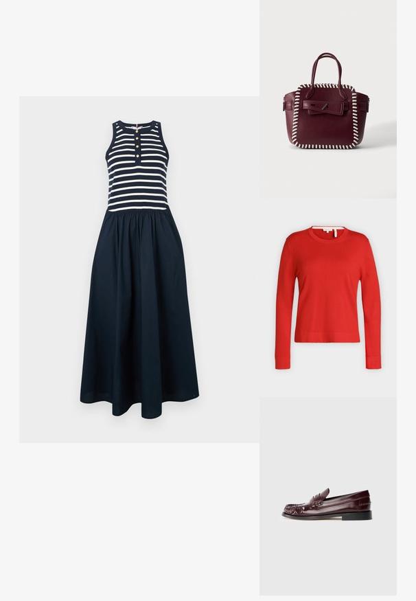 Pull rouge à manches longues et col rond, avec poignets et ourlet côtelés, présenté sur un fond gris clair uni.; Robe longue rayée avec haut sans manches, présentant un motif bleu marine et blanc, des détails à boutons et une jupe froncée.; Mocassin penny en cuir bordeaux avec semelle noire et détail en métal doré sur le dessus, présenté en vue latérale sur fond blanc.; Sac à main en cuir bordeaux avec bordure blanche cousue, doubles poignées et rabat avant sécurisé par une fermeture à épingle argentée.