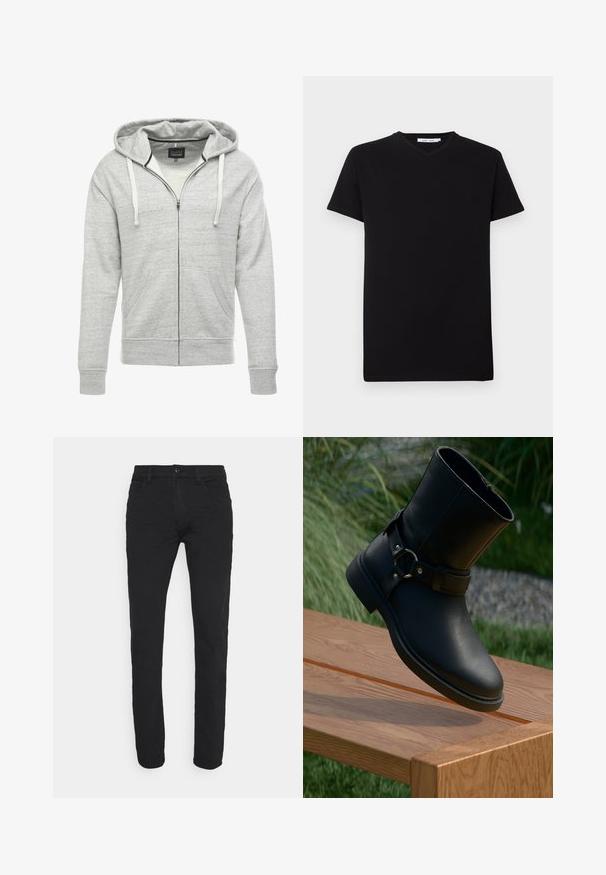 Hoodie zippé gris en tissu doux et texturé. Comprend une capuche avec cordon de serrage, des poches avant et des poignets et ourlet côtelés.; T-shirt en coton noir avec des manches courtes et un col en V. Design simple, couleur unie et texture douce. Aucune motif ou accent visible.; Jean noir slim fit en mélange de coton. Doté d'une fermeture à bouton à l'avant, d'un design à cinq poches et d'une texture lisse.; Bottillon en cuir noir avec une texture lisse, présentant une sangle latérale et un accent en anneau en métal, posé sur une surface en bois.