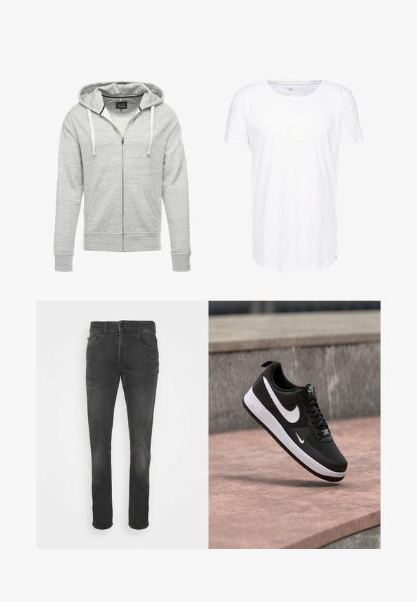 Hoodie zippé gris en tissu doux et texturé. Comprend une capuche avec cordon de serrage, des poches avant et des poignets et ourlet côtelés.; T-shirt blanc à manches courtes fabriqué en tissu de coton doux. Présente un col rond et une coupe décontractée avec une étiquette de marque discrète sur l'ourlet.; Jean en denim noir avec une coupe slim, un design à cinq poches, des coutures visibles et un motif légèrement délavé. Il est doté d'une fermeture à bouton et de passants de ceinture.; Baskets Nike Air Force 1 noir et blanc suspendues au-dessus d'une surface en béton rose avec un fond en pierre grise.