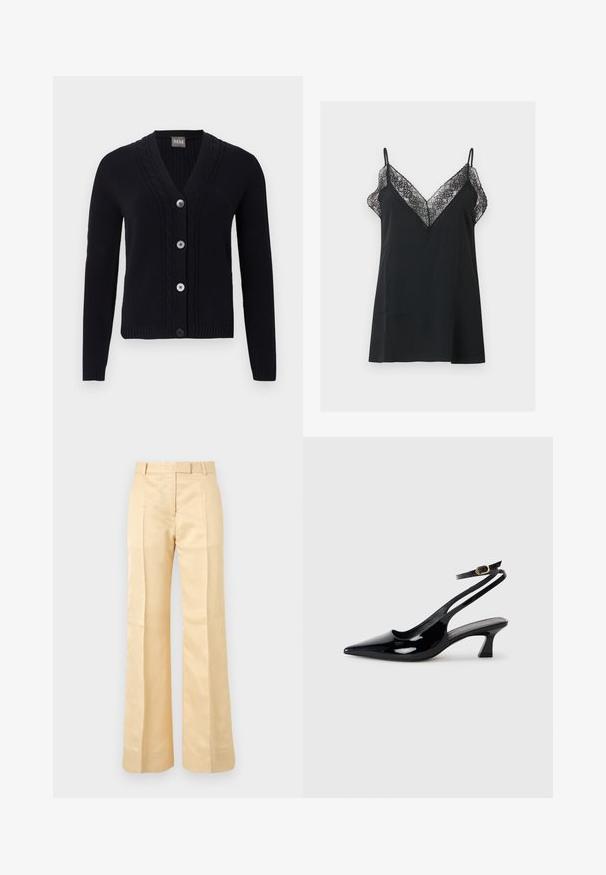 Cardigan noir en maille avec col en V, bordure à motif torsadé, quatre boutons sur le devant et manches longues.; Robe nuisette noire sans manches avec une délicate bordure en dentelle le long d'un décolleté plongeant en V et de fines bretelles sur un fond uni.; Pantalon beige à taille haute, coupe droite, avec passants pour ceinture et plis avant sur fond uni.; Escarpins à brides arrière en cuir verni noir, à bout pointu, avec un petit talon carré et une sangle de cheville ajustable dotée d'une boucle dorée.