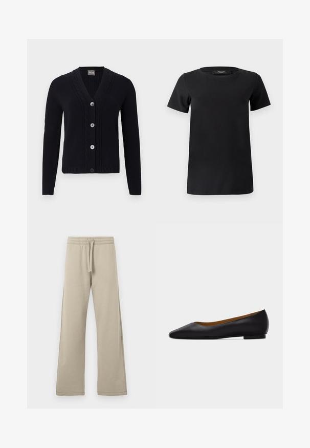 Cardigan noir en maille avec col en V, bordure à motif torsadé, quatre boutons sur le devant et manches longues.; T-shirt noir à manches courtes en tissu de coton doux, doté d'un col rond et d'un design simple et classique sans ornements.; Pantalons larges beiges en tissu doux, dotés d'une taille élastique avec cordon de serrage et de coutures latérales pour un ajustement décontracté.; Chaussure plate en cuir noir à bout pointu avec talon bas et finition lisse, vue de côté sur un fond gris clair.