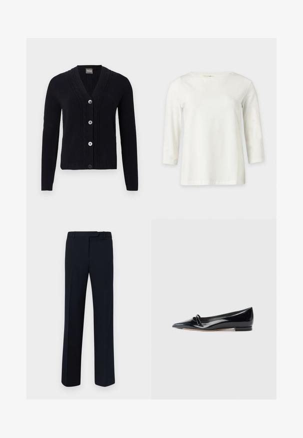 Cardigan noir en maille avec col en V, bordure à motif torsadé, quatre boutons sur le devant et manches longues.; Chemise blanche à manches longues avec un col rond, présentée sur un fond clair uni.; Pantalons ajustés navy en tissu lisse, avec une coupe droite, des passants de ceinture et des détails de pince à l'avant.; Chaussure plate en cuir verni noir avec un bout pointu, une petite lanière décorative et un petit talon carré. Texture lisse et design épuré.
