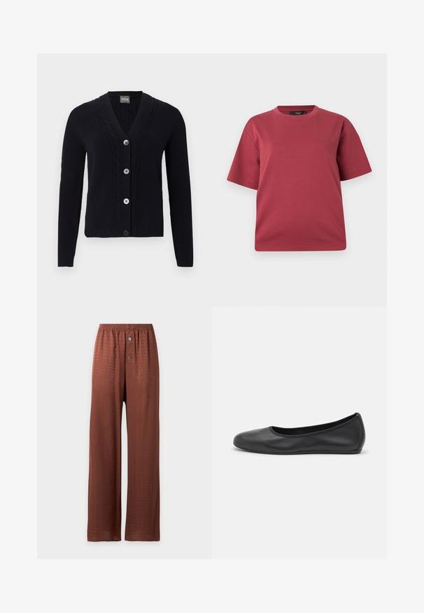 Cardigan noir en maille avec col en V, bordure à motif torsadé, quatre boutons sur le devant et manches longues.; T-shirt à manches courtes et col rond couleur rose poudré avec une coupe décontractée, présenté sur un fond blanc uni.; Pantalon marron à jambes larges avec un motif texturé subtil, taille élastique et deux boutons sur le devant de la braguette.; Ballerines en cuir noir avec un bout rond, texture lisse, détails de couture minimalistes et design de semelle flexible.