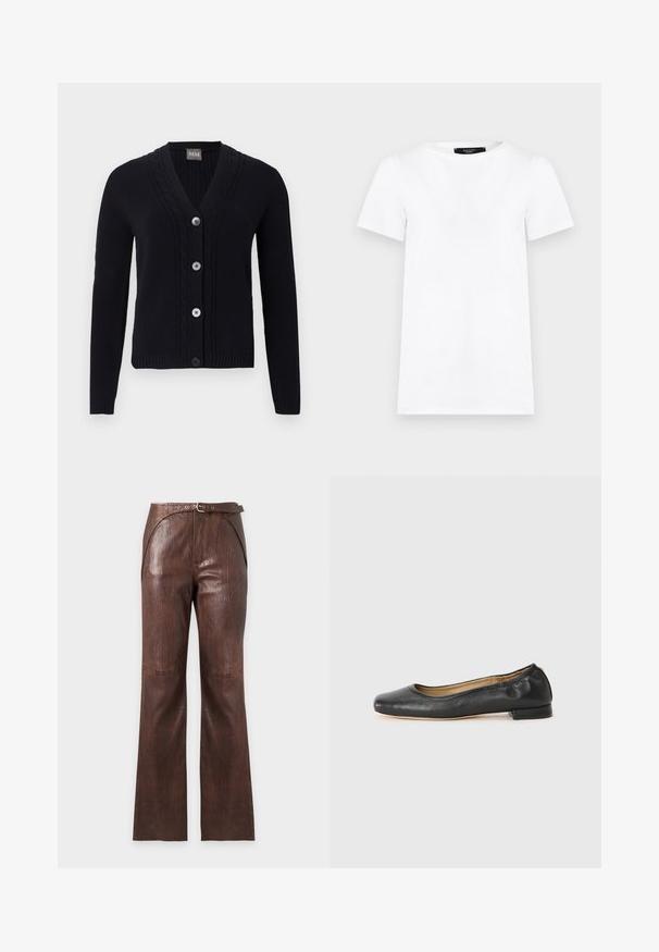 Cardigan noir en maille avec col en V, bordure à motif torsadé, quatre boutons sur le devant et manches longues.; T-shirt blanc uni à manches courtes, col rond, coupe droite avec une petite étiquette noire à l'intérieur du col.; Pantalon en cuir marron avec une taille haute et une ceinture intégrée, présentant une coupe droite et des détails de coutures visibles aux genoux.; Ballerines en cuir noir avec un bout arrondi et des coutures minimales. Talon bas et rectangulaire avec une texture lisse. Détails subtils de doublure intérieure.