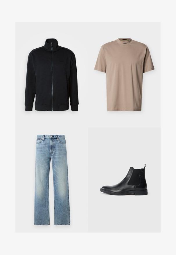 Zwarte zip-up jack met hoge kraag, gestructureerd patroon, lange mouwen, geribbelde manchetten en een rechte zoom. Bevat een merklogo op de borst.; Beige T-shirt met korte mouwen en een hoge ronde hals, met "BOSS"-logo op de kraag. Gemaakt van zachte stof met een gladde textuur.; Lichtblauwe denim jeans met rechte pijpen, een hoge taille, vijf zakken, knoopsluiting en subtiele vervaging op de dijen en knieën.; Zwarte leren Chelsea-boots met elastische zijpanelen, een treklipje en een vlakke rubberen zool. Gladde textuur met minimale details.
