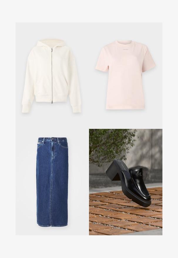 Sudadera blanca con cremallera, capucha ajustable con cordón, bolsillos tipo canguro y puños acanalados. Material suave con una textura lisa y un diseño minimalista.; Camiseta de algodón rosa claro con cuello redondo, mangas cortas y un pequeño logo de "Calvin Klein" impreso en un color a juego en el pecho.; Falda de mezclilla en azul oscuro, a la altura de la rodilla, con una abertura frontal, cinturilla tradicional y diseño de cinco bolsillos con costuras en contraste.; Mule tipo slip-on de cuero negro de Calvin Klein con tacón de bloque descansando sobre baldosas de madera al aire libre cerca de una planta verde y una pared gris.