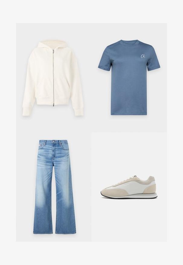 Sudadera blanca con cremallera, capucha ajustable con cordón, bolsillos tipo canguro y puños acanalados. Material suave con una textura lisa y un diseño minimalista.; Camiseta de manga corta con cuello redondo en algodón azul moderado, con un sutil logo "Ck" bordado en el lado izquierdo del pecho. Textura suave, diseño minimalista.; Calvin Klein Jeans LOW RISE BAGGY - Vaqueros boyfriend - diamond cove; Zapatillas de ante beige y cuero blanco con puntera redondeada, cordones planos, suela acolchada y suela de goma negra.