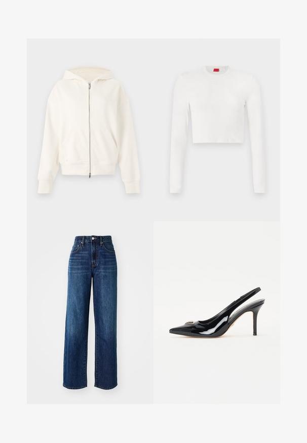 Sudadera blanca con cremallera, capucha ajustable con cordón, bolsillos tipo canguro y puños acanalados. Material suave con una textura lisa y un diseño minimalista.; Top corto de manga larga blanco hecho de una tela suave. Presenta un cuello redondo y un sutil detalle de logotipo en el pecho.; Jeans de mezclilla azul oscuro con cintura alta, diseño de pierna ancha, bolsillos delanteros y traseros, y un ligero desgastado. Herrajes metálicos en la cinturilla.; Zapatos de tacón slingback de charol negro con punta afilada, tacón de stiletto delgado y adornos decorativos en la parte delantera.