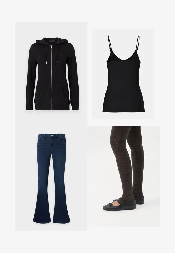Sweat à capuche noir zippé avec capuche à cordon, manches longues, poches avant et poignets côtelés. Fabriqué en tissu doux et texturé.; Débardeur noir avec des bretelles fines et réglables, décolleté en V, coupe ajustée et texture sans couture. Style simple et minimaliste.; Jean en denim bleu foncé avec une taille haute et des jambes évasées, avec poches avant, passants de ceinture et fermeture par bouton.; Jambes portant des leggings côtelés foncés associés à des ballerines noires avec de petits détails en nœud sur fond blanc.