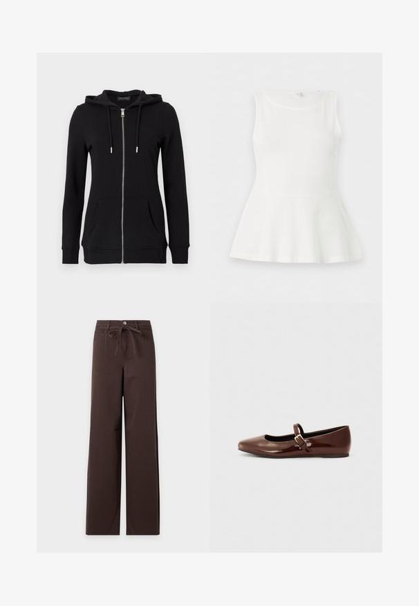 Sweat à capuche noir zippé avec capuche à cordon, manches longues, poches avant et poignets côtelés. Fabriqué en tissu doux et texturé.; Haut blanc sans manches avec basque, encolure ronde et taille cintrée, présenté à plat sur un fond blanc uni.; Pantalon large marron foncé avec fermeture à boutons et fermeture éclair à l'avant, passants de ceinture, poches avant et ceinture en tissu nouée à la taille.; Ballerine en cuir verni marron avec un bout carré et une lanière ornée d'une petite boucle dorée. Texture lisse, talon bas et design minimaliste.