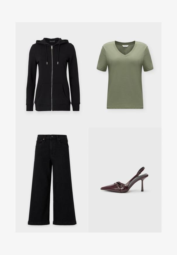 Sweat à capuche noir zippé avec capuche à cordon, manches longues, poches avant et poignets côtelés. Fabriqué en tissu doux et texturé.; T-shirt uni vert olive à col en V et manches courtes avec une petite étiquette blanche à l'intérieur du col.; Jean denim noir large avec bouton devant, fermeture éclair, passants de ceinture et design cinq poches sur fond gris clair.; Escarpin slingback en cuir verni bordeaux avec bout pointu, fine bride à la cheville et petit détail décoratif de boucle. Texture lisse et talon haut.
