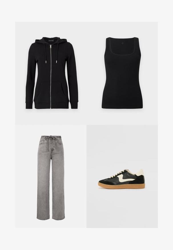 Sweat à capuche noir zippé avec capuche à cordon, manches longues, poches avant et poignets côtelés. Fabriqué en tissu doux et texturé.; Débardeur noir moulant en tissu lisse, doté d'un décolleté carré et de larges bretelles ; sans motifs ni accents visibles.; Jean denim gris à taille haute, coupe large, avec une ceinture en tissu nouée à l'avant et des poches avant.; Baskets en daim et cuir noir avec un swoosh latéral crème et un talon crème clair. Dotées de lacets beige et d'une semelle en caoutchouc gomme.