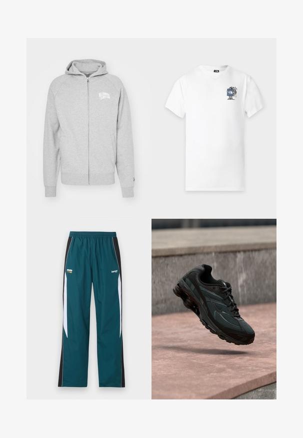Hallhalli hallidega soe hall zip-up kapuutsiga. Omab kapuutsi, soonikuga varrukaotsasid ja logo trükist vasakul rinnal. Lihtne ja juhuslik disain.; Valge lühikeste varrukatega T-särk, millel on väike joonismatkajast, kes hoiab vasakul rinnal sinise The North Face'i logo silda.; Sininerohelised dressipüksid mustade ja valgete külgpaneelidega, elastse vöökohaga ning väikeste "moto" ja "bareen" logodega üla-reitel.; Must sportlik toss nähtava õhkpadi keskmise tallaga, hõljudes roosa kivipinna kohal, mille taustal on hall kivimüür.
