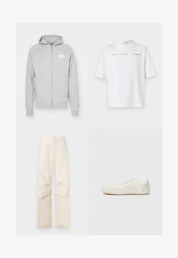Grå zip-up hoodie lavet af blødt materiale. Har en hætte, ribbede manchetter og et logo print på venstre bryst. Simple, afslappet design.; Hvid kortærmet t-shirt med rød tekst "HZW (26-27)", "HOLZWEILER" og "'TABLESCAPES'" på brystet under halsudskæringen.; Beige bukser med lige ben, knap og lynlås foran, lagt fladt ud på en neutral baggrund.; Hvid sportsko med et slankt design, der har en splitlæder tåkap, læderpaneler og kontrasterende teksturerede detaljer. Flad gummisål.