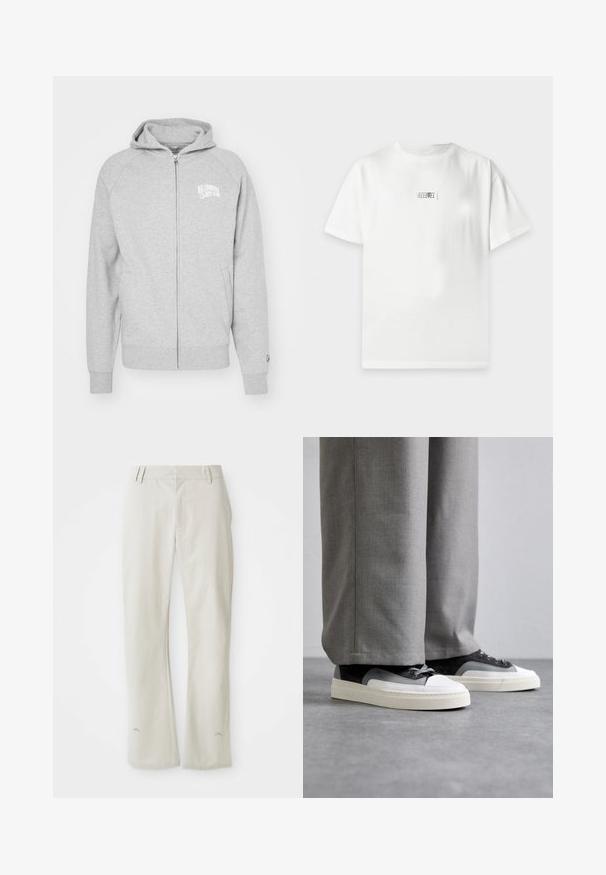 Sudadera gris con cremallera hecha de material suave. Cuenta con capucha, puños acanalados y un estampado de logo en el lado izquierdo del pecho. Diseño simple y casual.; Camiseta blanca de manga corta con un pequeño gráfico rectangular en blanco y negro centrado en el pecho.; Pantalones rectos de color gris claro, hechos de una tela suave. Cuentan con bolsillos delanteros, pasadores para cinturón y un logo sutil cerca del dobladillo.; Filling Pieces RIVIERA - Zapatillas - grey